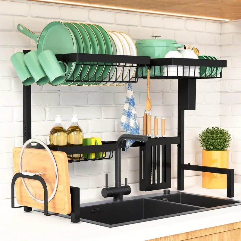 Estante para secar platos sobre el fregadero: 30,0" a 33,9" x 21,5", estante para secar el fregadero ajustable para fregadero de cocina con gran capacidad, 2 niveles
