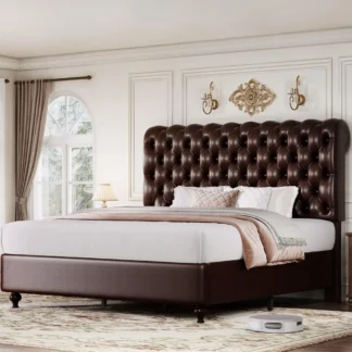 YITAHOME Marco de cama con plataforma tamaño king con cabecero de 54 pulgadas de alto, cama con plataforma tapizada de cuero PU con pata de madera maciza, botón T