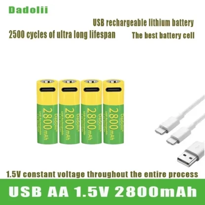 2025 Dadoli AA batería recargable de iones de litio, 2800Mah, 1,5 V, carga rápida USB 2A, batería LSD juguete de control remoto