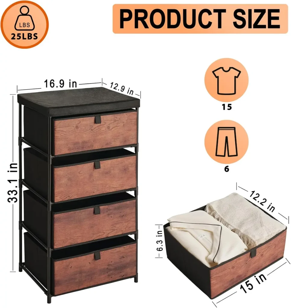 Aparador pequeño de tela para dormitorio, organizador de ropa, cajones para armario, sala de estar, 4 cajones de almacenamiento
