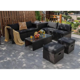Conjunto de muebles de mimbre para Patio, 8 piezas, ahorro de espacio, cojín de almacenamiento, cubierta negra