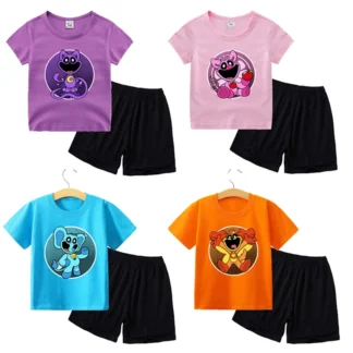 Conjunto de camiseta de Critters sonrientes para niños y niñas, Top de manga corta con estampado de dibujos animados, pantalones, traje de dos piezas, ropa informal cómoda, regalos