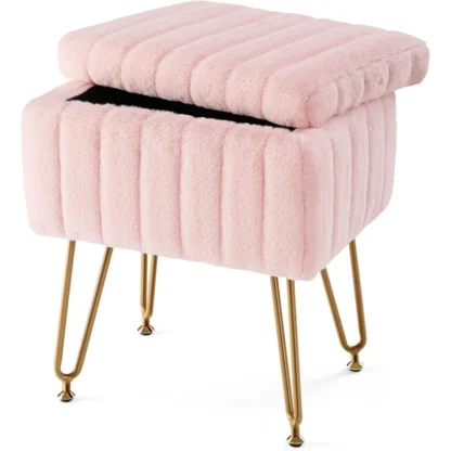 Taburete de tocador con espacio de almacenamiento, cojín otomano de piel sintética, 4 patas de metal con pies ajustables antideslizantes, rosa