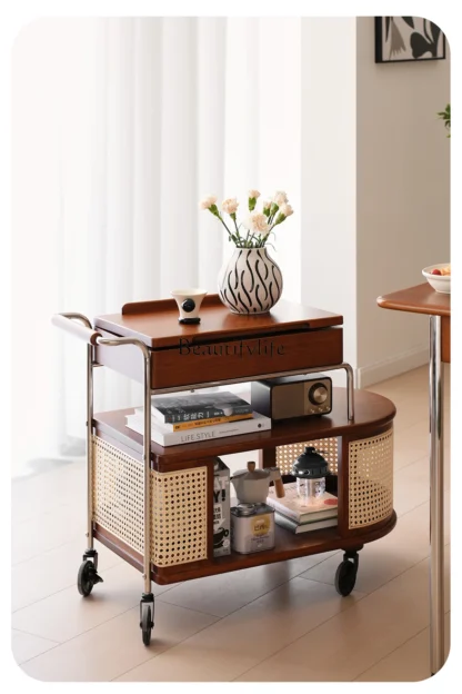 Mesa lateral extraíble Retro, carrito de almacenamiento de madera maciza de ratán para sala de estar, armario lateral para sofá