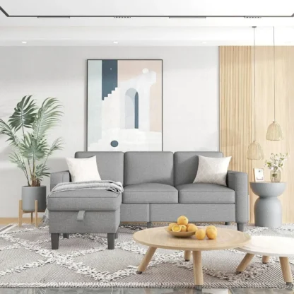 Sofá seccional Convertible, mueble moderno de lino gris claro, 3 asientos, en forma de L, con otomana de almacenamiento