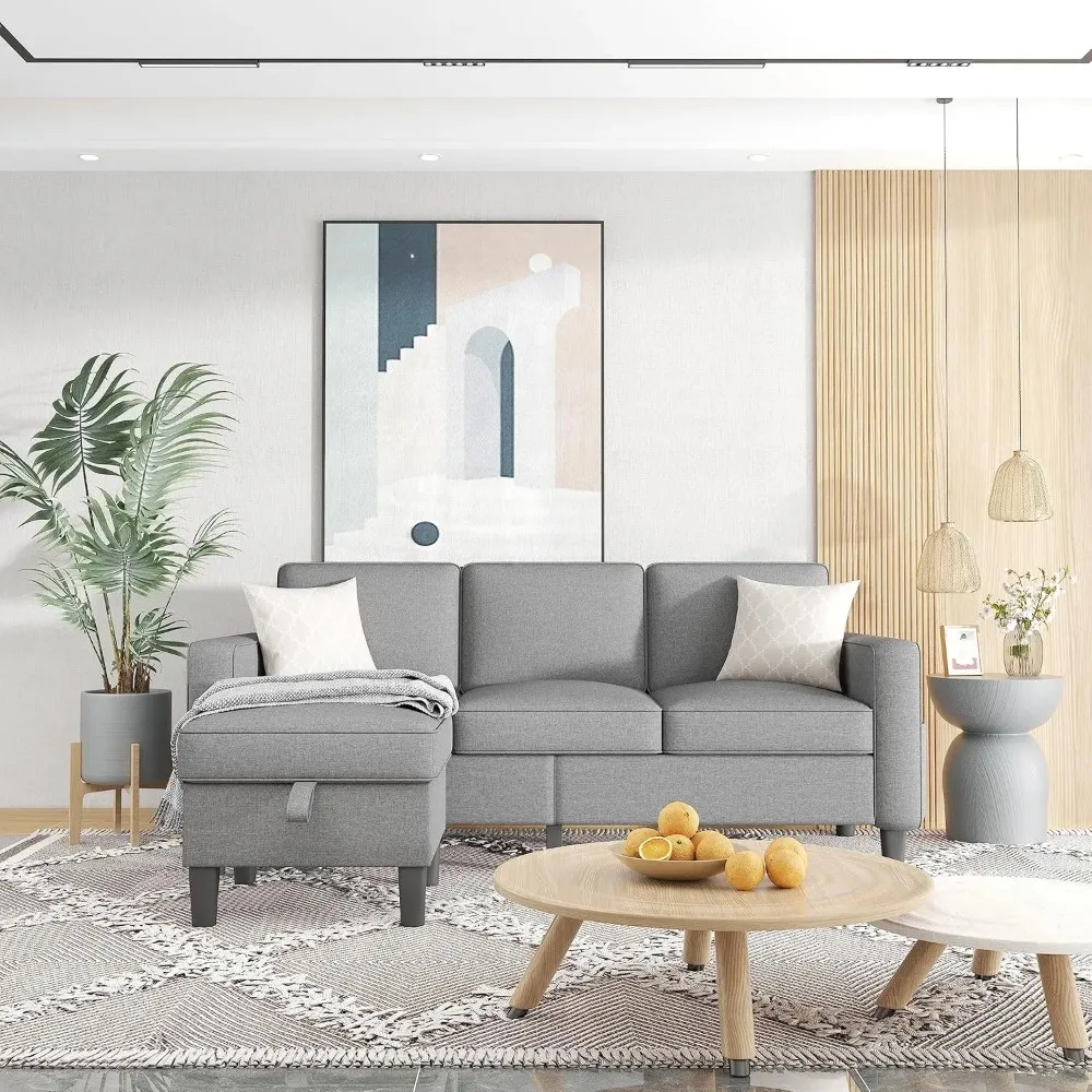Sofá seccional Convertible, mueble moderno de lino gris claro, 3 asientos, en forma de L, con otomana de almacenamiento