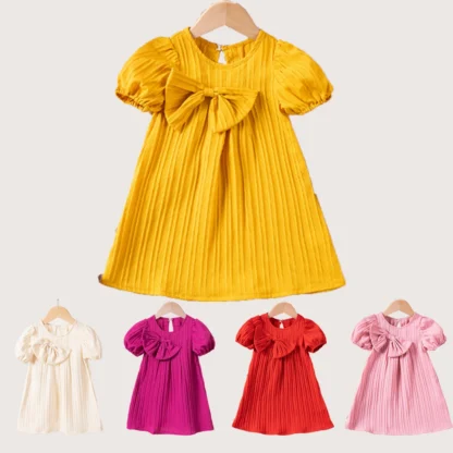 Vestido de manga abullonada de Color sólido para niña, disfraz de bebé recién nacido, decoración de lazo, bonito vestido de fiesta de 0 a 5 años