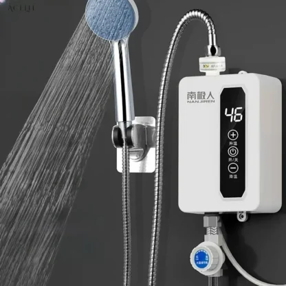 Calentador de agua eléctrico doméstico. Un artefacto de calentamiento de temperatura constante para ducha y cocina pequeña.
