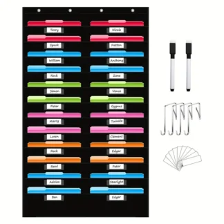 Gráfico de bolsillo de almacenamiento de archivos negro con bolsillos para etiquetas de nombre, organizador de archivos de pared colgante para aula y oficina