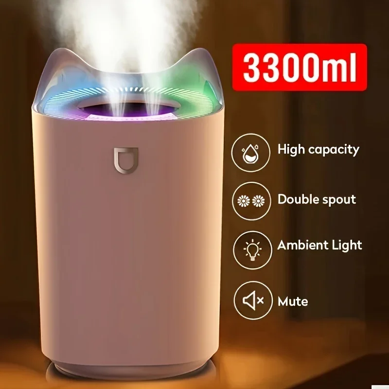 Humidificador de luz LED con doble boquilla de gran capacidad de 3,3l, difusor ultrasónico de aceites esenciales de 3300ml, humidificadores de aire para habitación H2o
