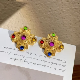 Pendientes de tuerca de Cruz de aleación exagerada Retro para mujer, estilo barroco, pendiente de cristal de Color dorado, joyería de fiesta