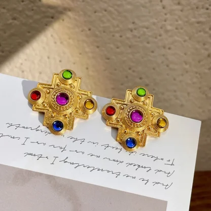 Pendientes de tuerca de Cruz de aleación exagerada Retro para mujer, estilo barroco, pendiente de cristal de Color dorado, joyería de fiesta