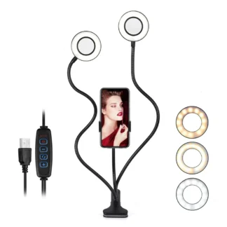 Anillo de luz Led de doble luz, anillo de luz USB flexible, lámpara de relleno, lámpara de anillo regulable con soporte para teléfono para transmisión en vivo