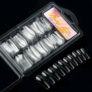 100 unids/caja de uñas postizas transparentes naturales sin costuras, cobertura completa, puntas de uñas postizas cortas en forma de T, puntas de cobertura completa para uñas
