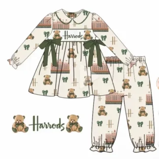 Conjunto de Boutique para niños, pantalones elásticos con estampado de oso y letras de manga larga con solapa para bebé, conjunto de pantalones tipo cárdigan de manga larga elástico para niña y niño