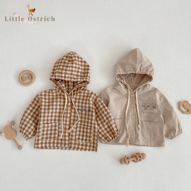 Chaqueta con capucha de oso de algodón para bebé recién nacido, abrigo de manga larga para niño pequeño, cárdigan informal a cuadros, ropa para bebé de 3 meses a 2 años