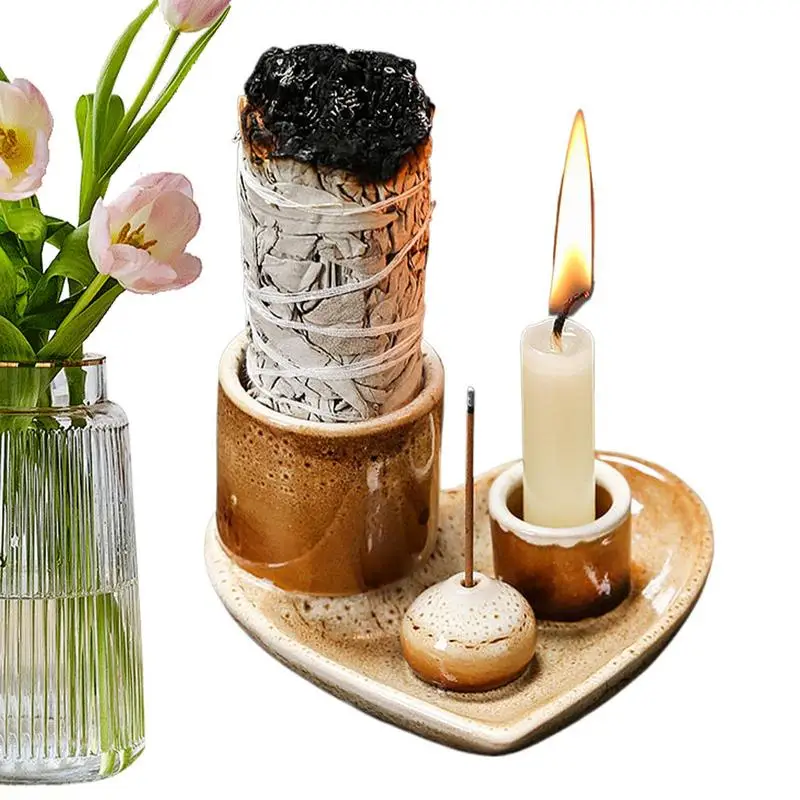 Quemador de incienso de cerámica y soporte para velas, soporte para varillas de incienso 4 en 1, arte Zen espiritual para sala de estar, Yoga