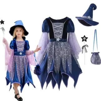 Disfraces de fiesta de Halloween, vestido de bruja para niñas y niños, disfraz de bruja de Carnaval, vestido de Cosplay, bolsa, sombrero, traje de varita