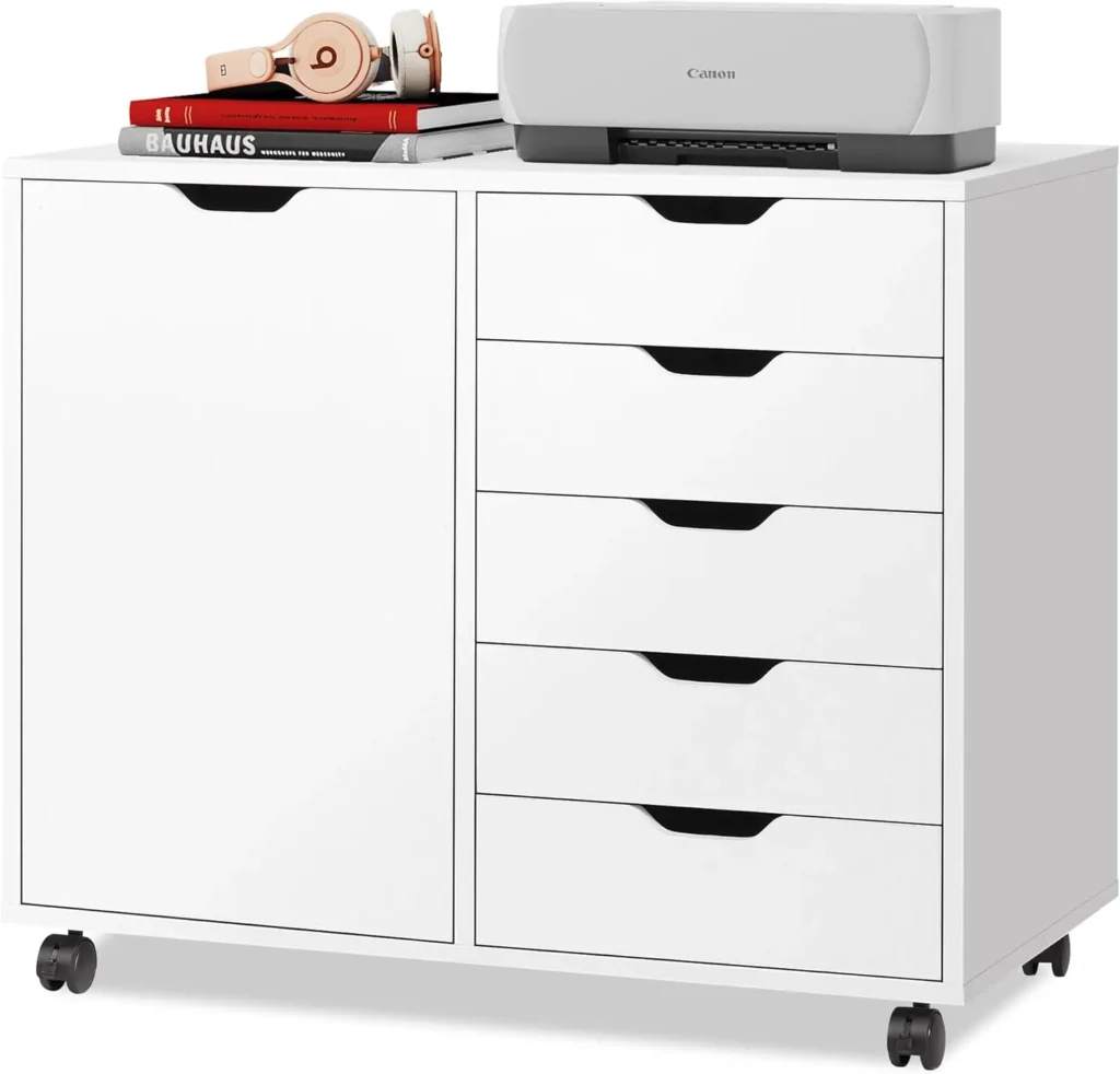 Cómoda de madera de 5 cajones con puerta, gabinete de almacenamiento móvil, soporte de impresora para oficina en casa