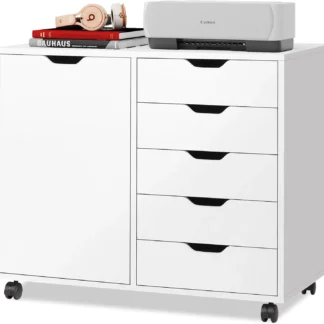 Cómoda de madera de 5 cajones con puerta, gabinete de almacenamiento móvil, soporte de impresora para oficina en casa
