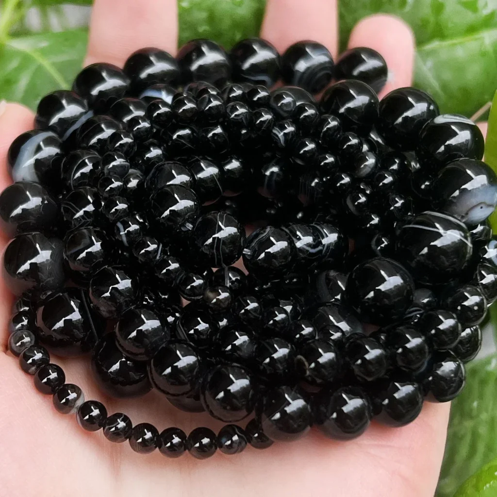 Cuentas de piedra sueltas redondas de ágata a rayas negras naturales para fabricación de joyería DIY pulseras suministros para collares al por mayor 4/6/8/10/12MM