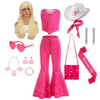 Conjunto de 3 uds de películas rosas para niños y niñas, Vestidos a cuadros Barbi, Top de Cosplay de cumpleaños elegante, pantalones y bufanda, pantalón acampanado puesta en escena