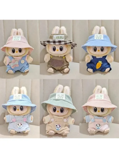 Mini ropa bonita de 17cm para muñecas de peluche, accesorios para muñecas Labubu, regalo, serie de fiesta sentada, sombrero, mono, camiseta