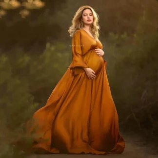 Vestido largo de satén con cuello en V para sesión de fotos de maternidad, Vestido de manga completa para fotografía de mujer embarazada, vestido de Baby shower
