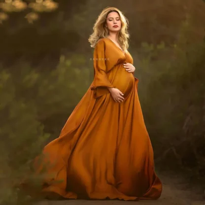 Vestido largo de satén con cuello en V para sesión de fotos de maternidad, Vestido de manga completa para fotografía de mujer embarazada, vestido de Baby shower