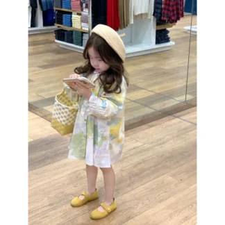Vestido con estampado de pintura de tinta Vintage para niñas, enagua de cuello de muñeca de flores, camisa suelta para bebés, vestido que combina con todo