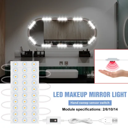 Espejo de tocador LED de 5V, bombillas de luz regulable por USB para el hogar, dormitorio, baño, espejos de maquillaje, decoración, Kit de lámpara de pared, blanco natural