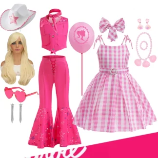 Películas Barbi niñas Cosplay ropa 3 uds pantalones acampanados + Top + bufanda impresión completa carnaval fiesta juego de rol vestido de cumpleaños elegante