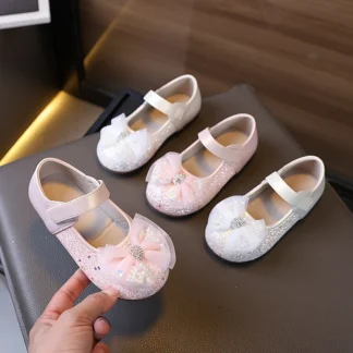 Zapatos de cuero para niña pequeña, retales de lentejuelas, zapatos de princesa para niños, elegantes zapatos de fiesta con lazo de encaje para niños, zapatos suaves y versátiles para boda