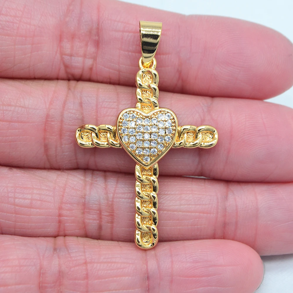 Colgante de Cruz de corazón de amor para mujer, circonita cúbica transparente de Color dorado, joyería de alta calidad