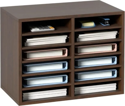 Organizadores de literatura, buzón de oficina de 12 compartimentos con estantes ajustables, clasificador de literatura de madera de pulgadas para oficina,