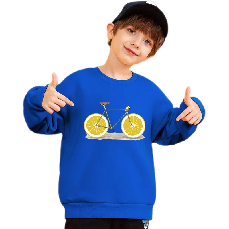 Sudadera con estampado de dibujos animados para niños, ropa de calle informal con cuello redondo, suéteres creativos, bicicleta de frutas y limón