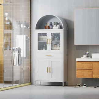 Gabinete arqueado de metal, gabinete de despensa de cocina con puertas de vidrio, estantes de estantería arqueados de granja moderna para sala de estar