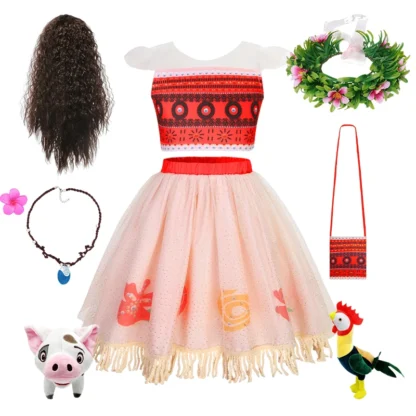 Moana lindo vestido veraniego conjunto de dos piezas disfraz niños niñas princesa Cosplay niños vestido de fiesta de cumpleaños collar mascota cerdo pollo