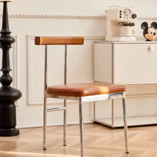 Silla de comedor Wabi-Sabi de diseño francés de mediados de siglo: taburete con respaldo de madera maciza + acento nórdico compacto para el hogar