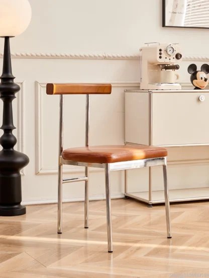Silla de comedor Wabi-Sabi de diseño francés de mediados de siglo: taburete con respaldo de madera maciza + acento nórdico compacto para el hogar