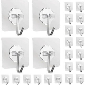 Ganchos para colgar, paquete de 24 ganchos de pared de 13,2 lb, gancho adhesivo impermeable reutilizable transparente máximo para cortina de cocina, gancho para toalla