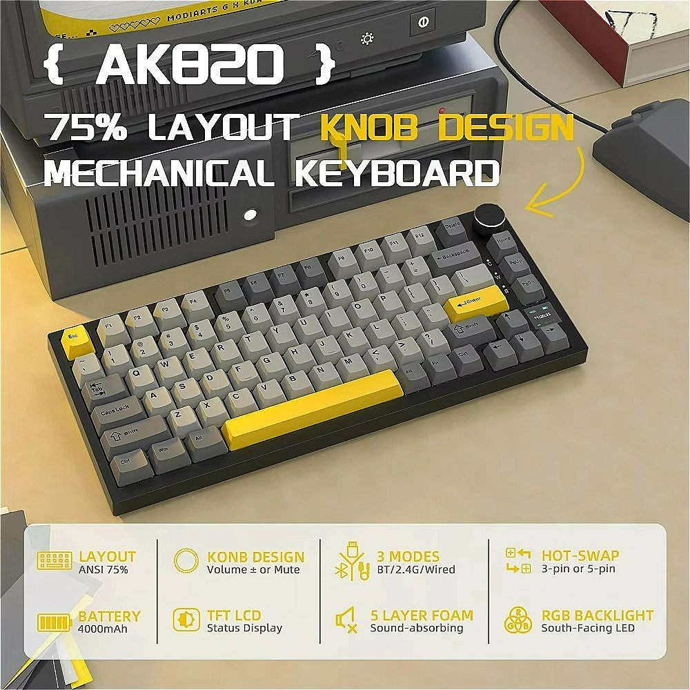 Ajazz AK820Pro teclado Esports con cable Bluetooth teclado mecánico inalámbrico para juegos 75% junta intercambiable en caliente accesorios para juegos