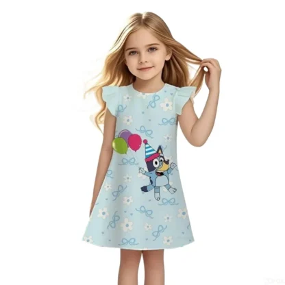 Vestido de verano con cuello redondo para niños, vestido bonito de manga corta con mangas voladoras, vestido de princesa con estampado de perro azul 3D