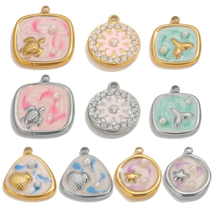 5 uds. De colgantes bonitos de elementos marinos con forma de gota de aceite esmaltada y de acero inoxidable, pulsera de collar DIY de oro de 18 quilates para mujer, joya al por mayor