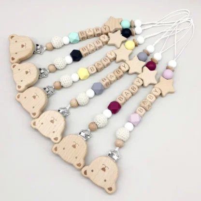 Nombre personalizado oso de madera chupete de bebé Clip de cadena cuentas de silicona soporte para chupete colgante mordedor juguetes de dentición hechos a mano