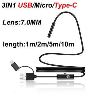 Lente USB/Micro/tipo C 3 en 1, cámara endoscópica Industrial Android de 7mm, IP67, resistente al agua, 6LED, tubería de inspección ajustable, 1m/2m/5m