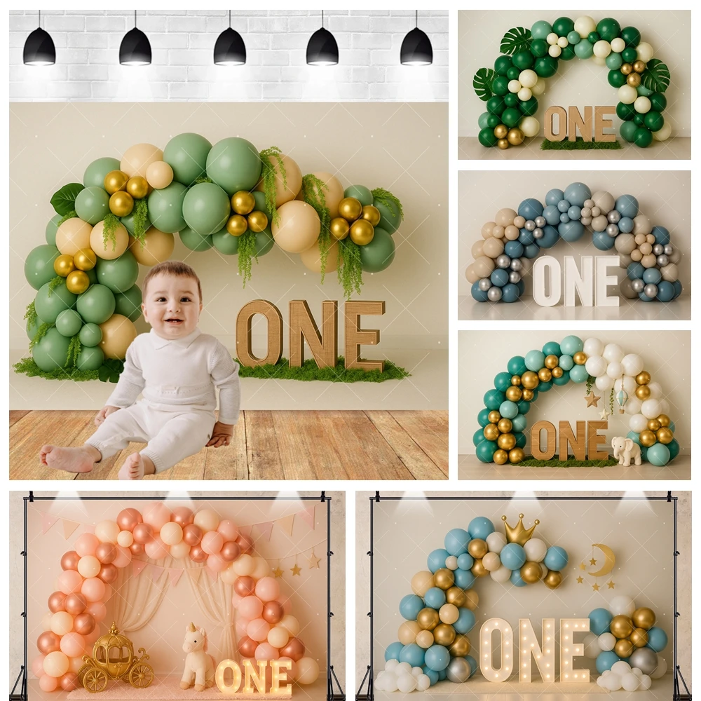 Fondo de fotografía de retratos del primer cumpleaños del bebé Personalización personalizada Escena de pared arqueada con globo Propiedades de decoración del estudio de fotos