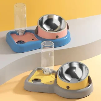 Cuenco para gatos 3 en 1 con protección para el cuello, gran capacidad, antidetonante, alimentador automático de agua para gatos con botella de agua desmontable