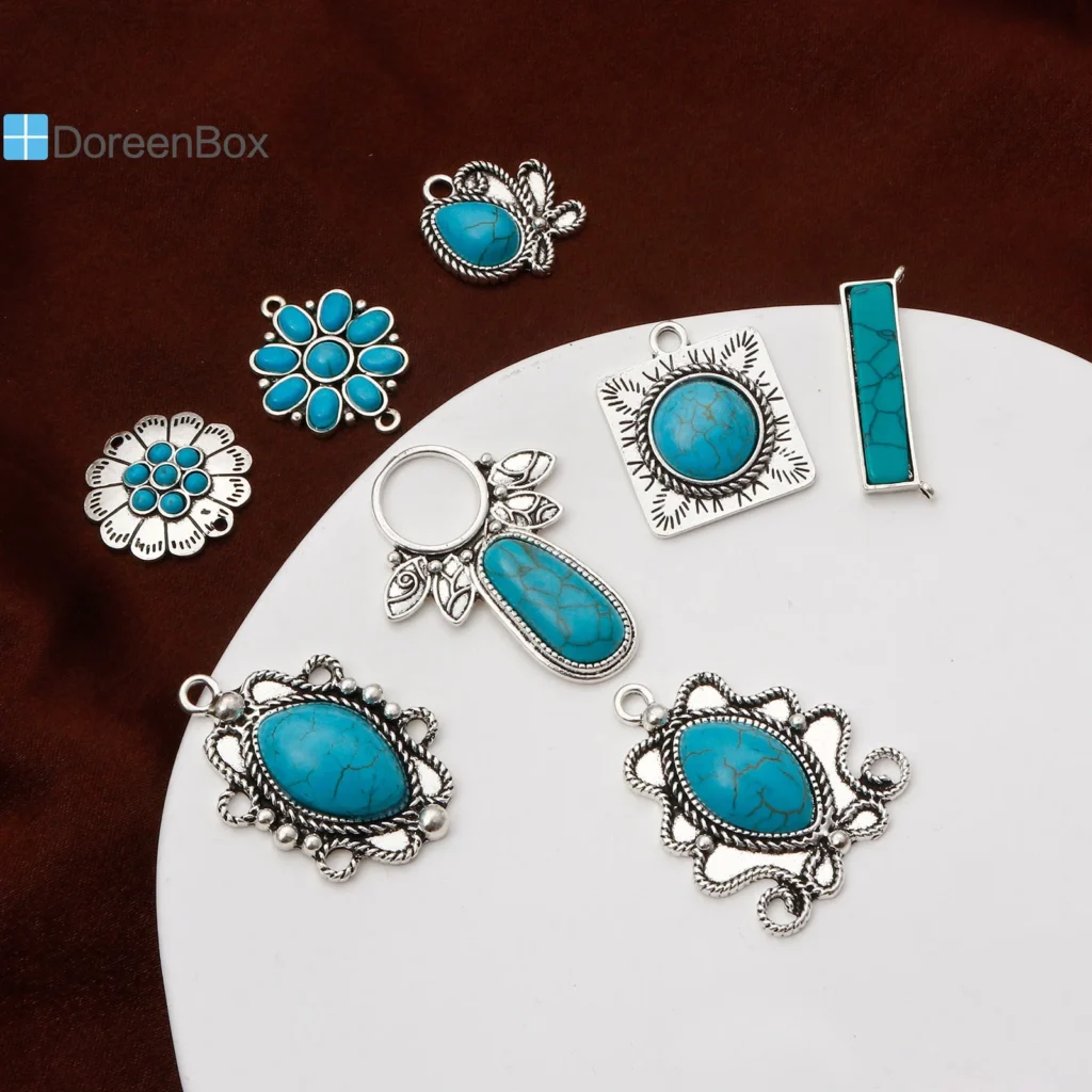 Dijes de Metal de estilo bohemio, Color plateado antiguo con cabujones de resina, colgantes de turquesa de imitación, joyería de collar DIY, 5 piezas