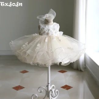2025 vestidos de niñas con apliques de lentejuelas brillantes para fiesta de cumpleaños lindo vestido de princesa de perlas dulces ropa de boda para niños